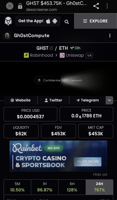 The image shows a Dexscreener page for Gh0stCompute (GHST) token, displaying a current market cap of $453K against an ETH price of $0.00004537, with 24-hour gains of 767%. The post suggests the trader expects GHST to reach $1M market cap soon, building on multiple successful entries.