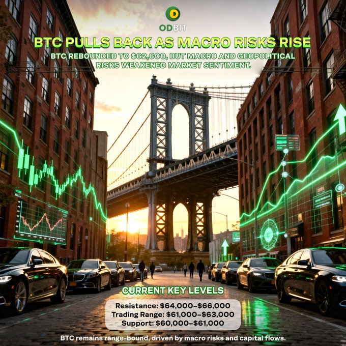 A financial analysis graphic titled "BTC PULLS BACK AS MACRO RISKS RISE" featuring the Manhattan Bridge backdrop with overlaid candlestick charts, showing Bitcoin's rebound to $62,600 with key levels (Resistance: $64,000-$66,000, Trading Range: $61,000-$63,000, Support: $60,000-$61,000) — visually representing the post's message about BTC remaining range-bound amid geopolitical risks and shifting market sentiment.