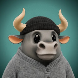 A 3D-rendered cartoon illustration of a gray cow's head with tan horns, wearing a black knit beanie and a gray buttoned sweater, set against a teal gradient background.
