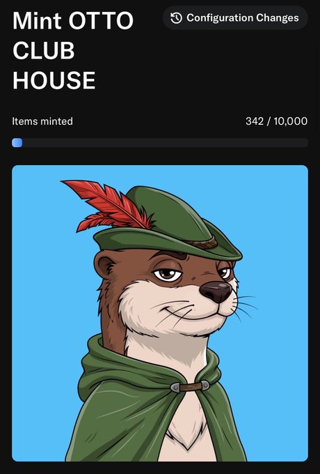The image shows a NFT minting page for "Mint OTTO CLUB HOUSE" with 342 out of 10,000 items minted, featuring an illustration of an otter wearing a green Robin Hood-style hat with a red feather and matching cloak. The low mint count (just 3.4% of supply) after what appears to be price reductions visually reinforces the post's criticism of the project's poor sales performance and out-of-touch launch strategy.