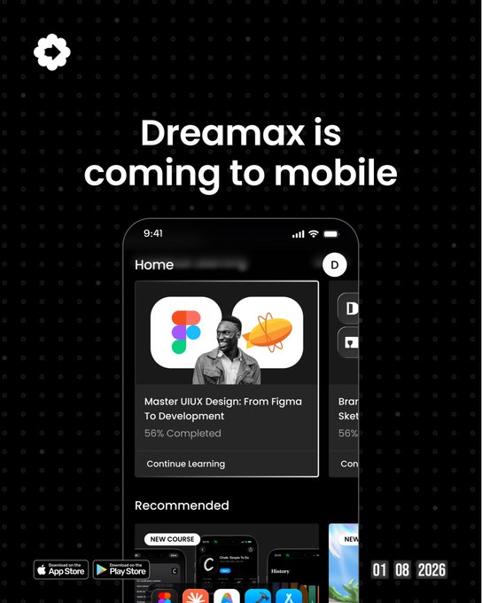 Promotional graphic announcing Dreamax is coming to mobile, showing a phone interface with UI/UX design course on the home screen and app store badges at the bottom.