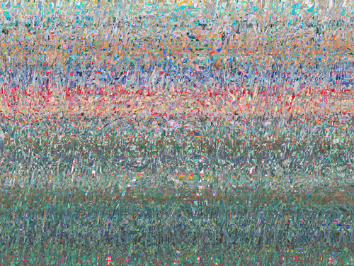 An abstract painting composed of thousands of small, colorful vertical strokes that create a textured landscape, transitioning from green and pink hues at the bottom to warm orange and blue tones at the top.