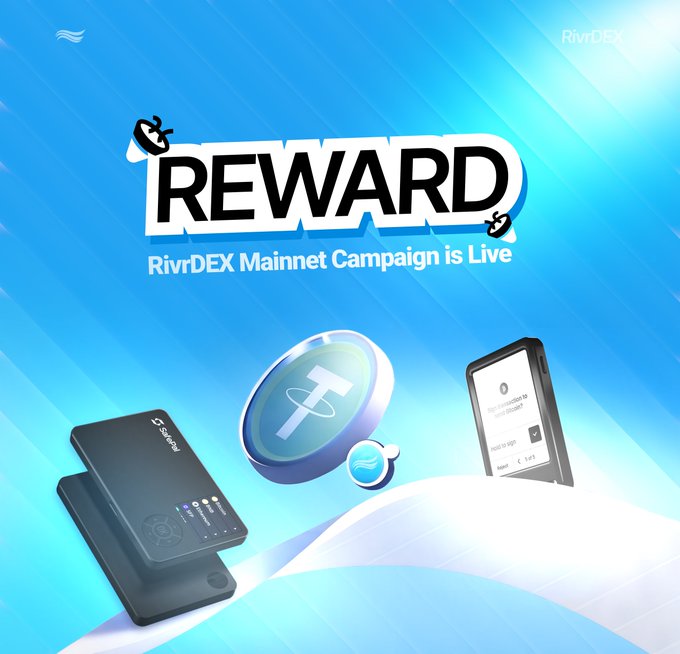 Advertisement for a 'REWARD' campaign by RivrDEX Mainnet, featuring a hardware crypto wallet, a Tether (USDT) coin, and a signet device on a blue background.