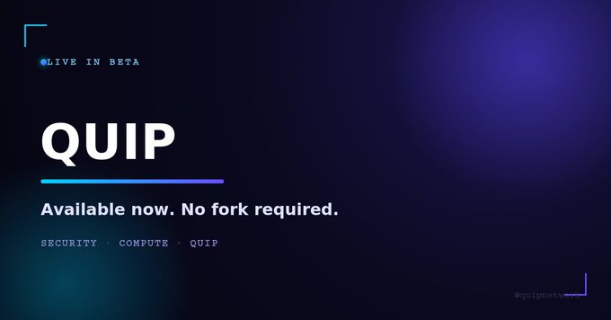 A dark promotional graphic for QUIP displays "LIVE IN BETA" with the headline "QUIP - Available now. No fork required." along with category tags "SECURITY · COMPUTE · QUIP" and the handle "@quipnetwork." The image visually supports the post's argument that QUIP offers an immediate quantum-security solution for Bitcoin, contrasting with the lengthy timeline of BIP-360's base-layer migration.
