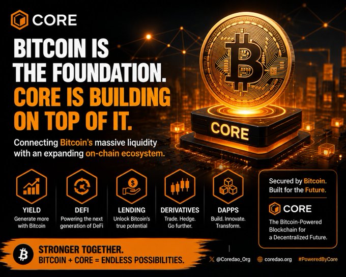 A promotional graphic for 'CORE' featuring a glowing Bitcoin coin, with text stating 'BITCOIN IS THE FOUNDATION. CORE IS BUILDING ON TOP OF IT.' and highlighting Yield, DeFi, Lending, Derivatives, and DApps.