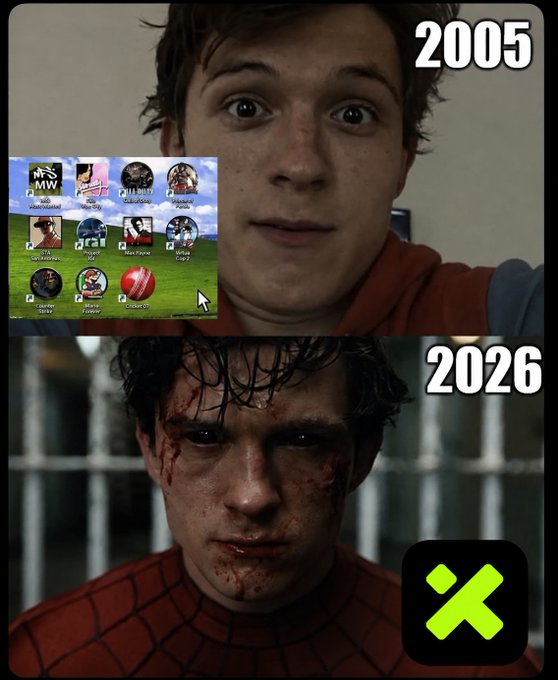 This image juxtaposes a 2005 PC desktop with game icons like NFS MW and GTA San Andreas alongside a 2026 scene featuring the XT logo, representing a shift from gaming to market management.