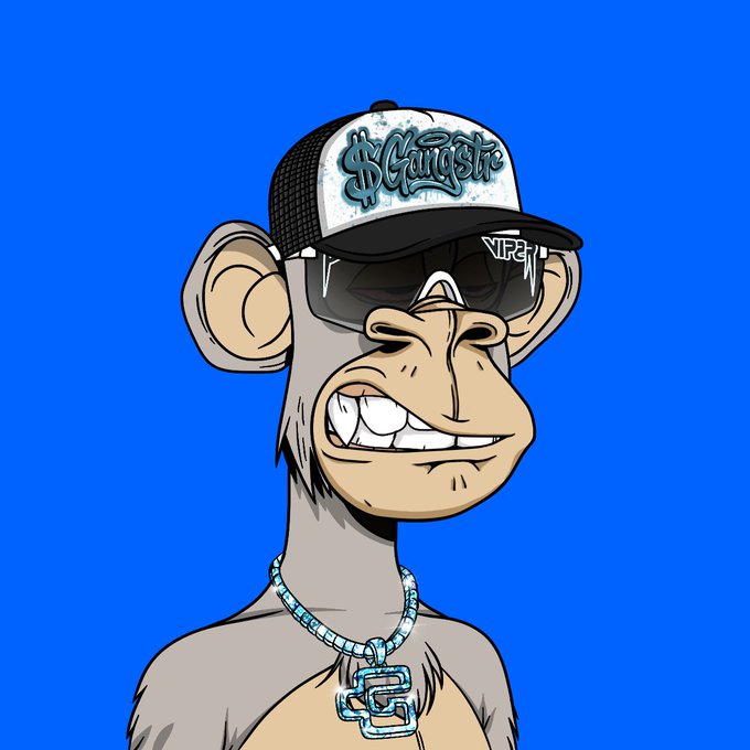 A cartoon illustration of a monkey character wearing a black and white trucker hat with "$GANSTA" written in graffiti-style lettering, sunglasses, and a chain necklace against a blue background.