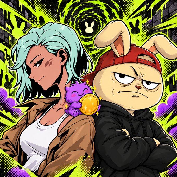 An anime-style illustration showing a blue-haired female character alongside a grumpy rabbit wearing a red cap and black hoodie, with a small purple creature holding a gold coin.