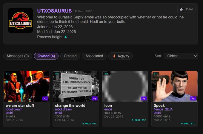 A webpage profile for user 'UTXOSAURUS' displays a Jurassic Park-themed description and showcases four owned NFT collections: 'we are star stuff,' 'change the world,' 'icon,' and 'Spock,' all featuring Bitcoin pricing.