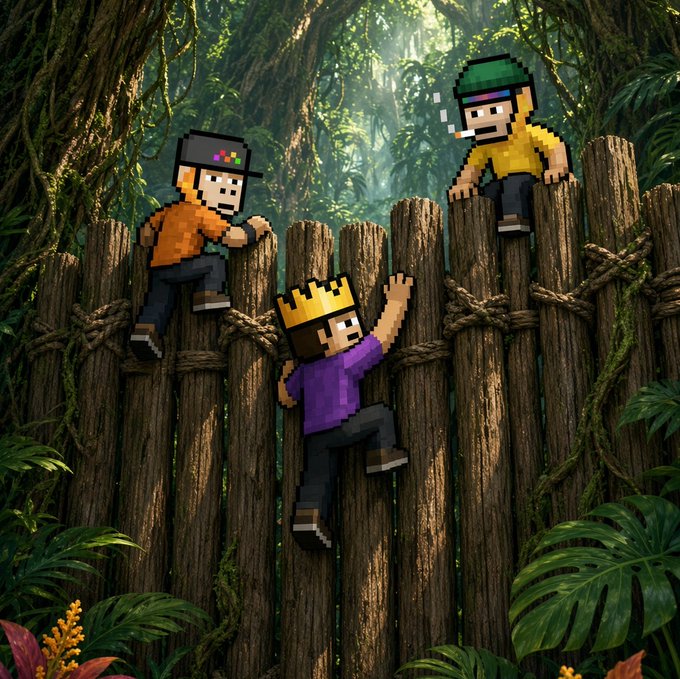 Pixel art characters climb a wooden fence in a lush jungle setting, with one wearing an orange shirt, another in purple with a crown, and a third in yellow on top.