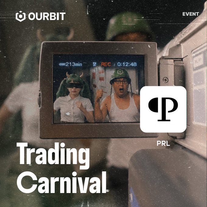 A promotional graphic for OURBIT's "Trading Carnival" event displays a camcorder screen showing two costumed participants wearing military helmets—one with green hair and sunglasses, the other in a white tank top with raised fists—alongside a PRL (Parallels) logo icon and the word "EVENT." The image ties into the post by advertising a giveaway of 40K $PRL tokens, including 10 $PRL for new users, with the camcorder "REC" timestamp (0:12:48) and 213min timer suggesting a live-streamed, time-sensitive trading promotion.