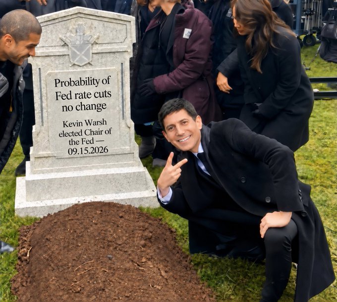 A man in a black coat crouches cheerfully next to a tombstone reading "Probability of Fed rate cuts no change — Kevin Warsh elected Chair of the Fed — 09.15.2026," jokingly "burying" the market's hopes for rate cuts now that Warsh has been named Fed Chair.
