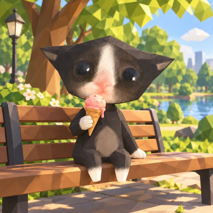 A low-poly 3D rendered image of a black and white cat sitting on a park bench eating pink ice cream from a cone, with trees and a lake visible in the background.