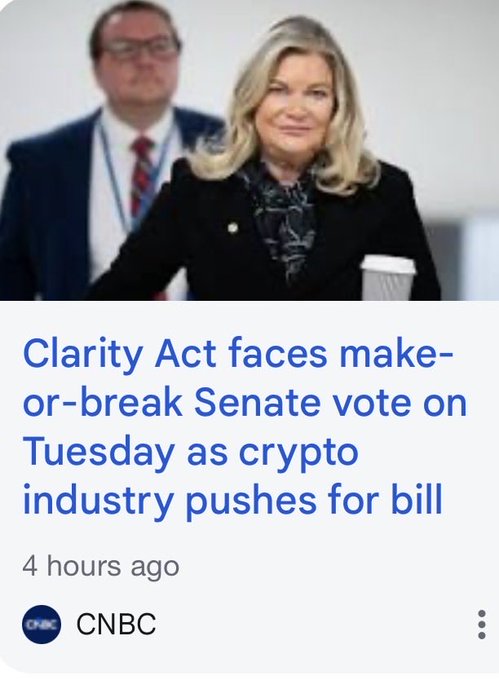 The image shows a CNBC news thumbnail featuring a blonde woman in a black jacket with a man in a suit behind her, with the headline "Clarity Act faces make-or-break Senate vote on Tuesday as crypto industry pushes for bill" published 4 hours ago. The post's reference to $COIN, $MSTR, and $BTCUSD aligns with this breaking legislative news, as the Clarity Act could significantly impact cryptocurrency regulation and benefit crypto-related stocks like Coinbase ($COIN) and MicroStrategy ($MSTR), as well as Bitcoin ($BTCUSD) itself.