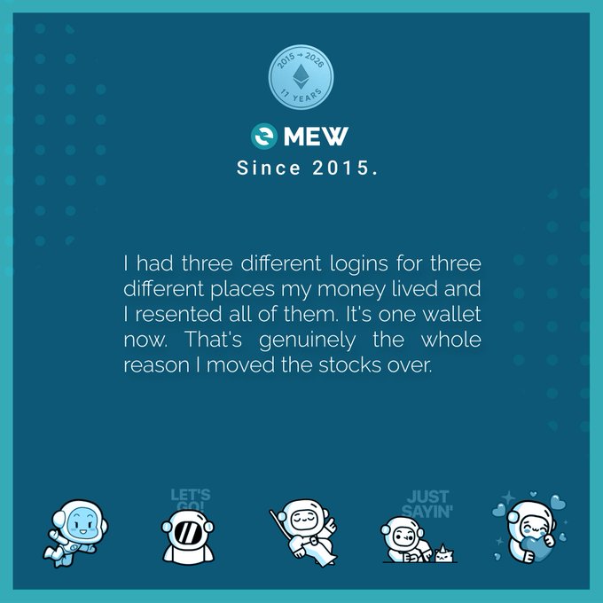 A teal MEW wallet advertisement celebrating '11 YEARS' (2015-2026), featuring a customer testimonial about consolidating multiple logins into one wallet.