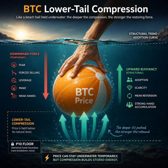 The image illustrates "BTC Lower-Tail Compression" with a beach ball metaphor, showing downward forces like fear and leverage countered by upward forces like adoption and scarcity. This visual represents the accompanying post's analysis of BTC's current position near the lower tail of its adoption curve, implying potential for a strong rebound.