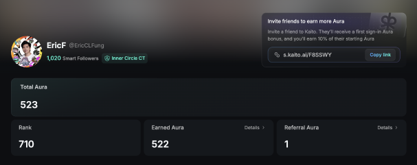 A dark Aura profile page for “EricF @EricLFung” shows “Total Aura 523,” “Rank 710,” “Earned Aura 522,” “Referral Aura 1,” and an invitation link addressed to “Raito.”