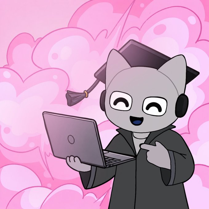 A cartoon illustration of a smiling cat-like character wearing a graduation cap and headphones, holding a laptop and pointing at it against a pink bubbly background.