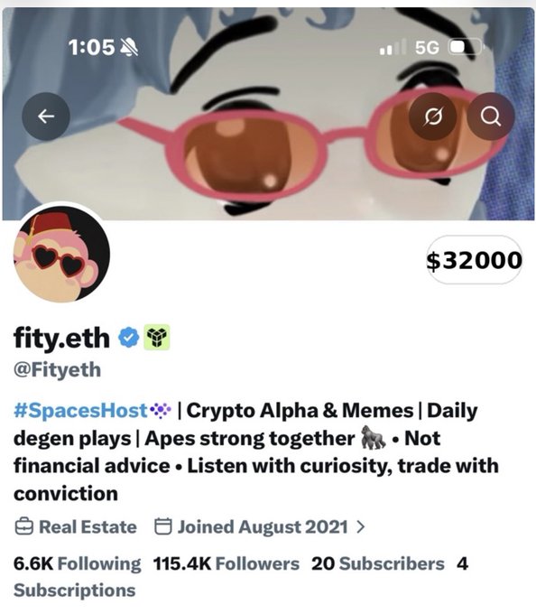 A Twitter profile screenshot for @Fityeth (fity.eth), a verified crypto account with 115.4K followers, showing a portfolio value of $32,000 displayed next to their Bored Ape-style avatar. The image illustrates the user's post expressing shock at their wallet balance jumping from under $1,000 to $32K overnight, seemingly from unsolicited deposits.