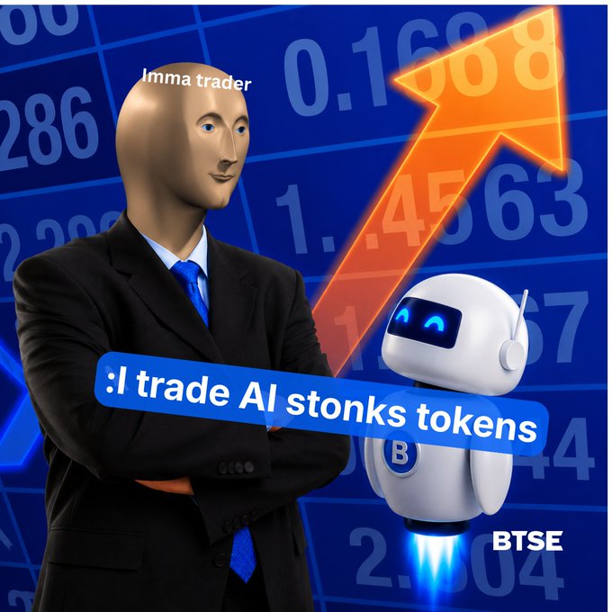 The image shows a man standing next to an AI (artificial intelligence) robot that is flying into the air. The AI robot represents a type of technology, possibly related to financial trading, while the man symbolizes a human figure, possibly representing someone in the financial industry or a stockbroker. A quote appears below them that explains how AI stocks are being used by trade partners for automated trading: "AI stocks perps are on BTSE. But what do stock perps mean for crypto traders? Learn through the BTSE Blog below #BTSSE blog". The text in this context seems to be a reference to the robot's role as an AI stockbroker, providing insights and knowledge for financial market participants to make informed decisions about their trading strategies.
