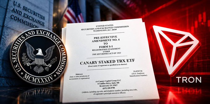 A news graphic showing the SEC seal and a Form S-1 filing for 'Canary Staked TRX ETF' alongside the TRON logo.