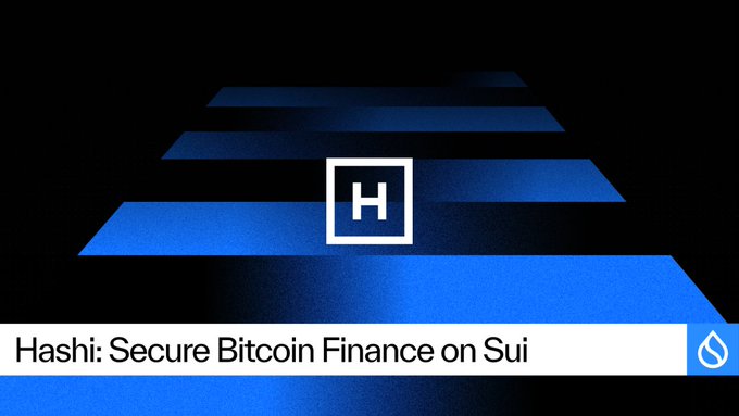 Promotional graphic for 'Hashi: Secure Bitcoin Finance on Sui' featuring a square 'H' logo against a dark background with blue horizontal bands.