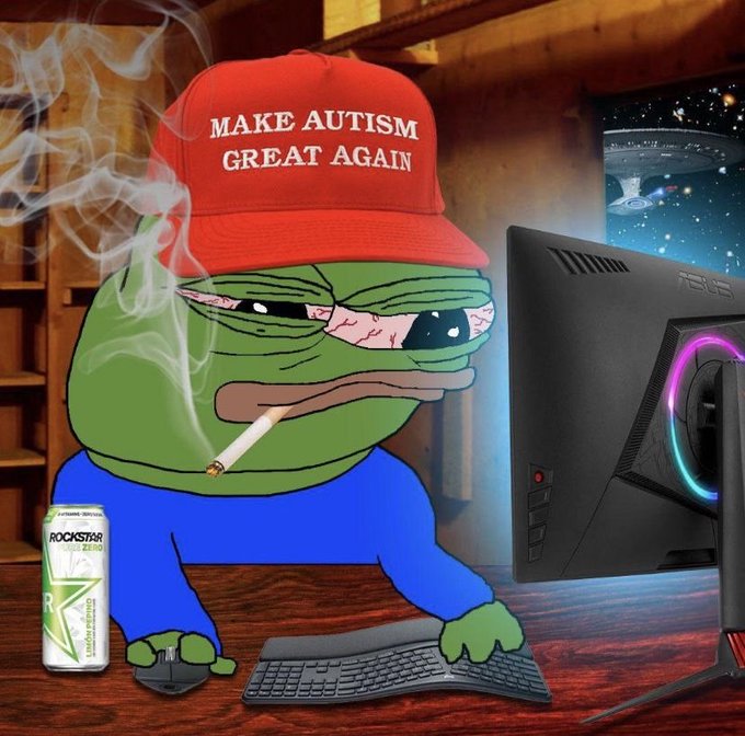 A Pepe the Frog meme depicts the character in bloodshot eyes wearing a red MAGA-style hat that reads 'MAKE AUTISM GREAT AGAIN,' smoking a cigarette while sitting at a desk with a Rockstar energy drink and a gaming PC, with a Star Trek Enterprise visible through the window.