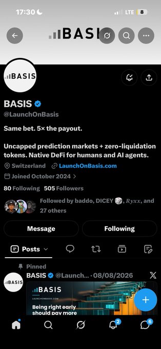 A mobile screenshot of an X/Twitter profile for 'BASIS' (@LaunchOnBasis) describing it as 'Uncapped prediction markets + zero-liquidation tokens' based in Switzerland.