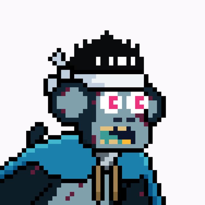 A pixel art illustration of a zombie-like figure with a pink-eyed face, exposed teeth, a cracked black and white cap, and a blue jacket.
