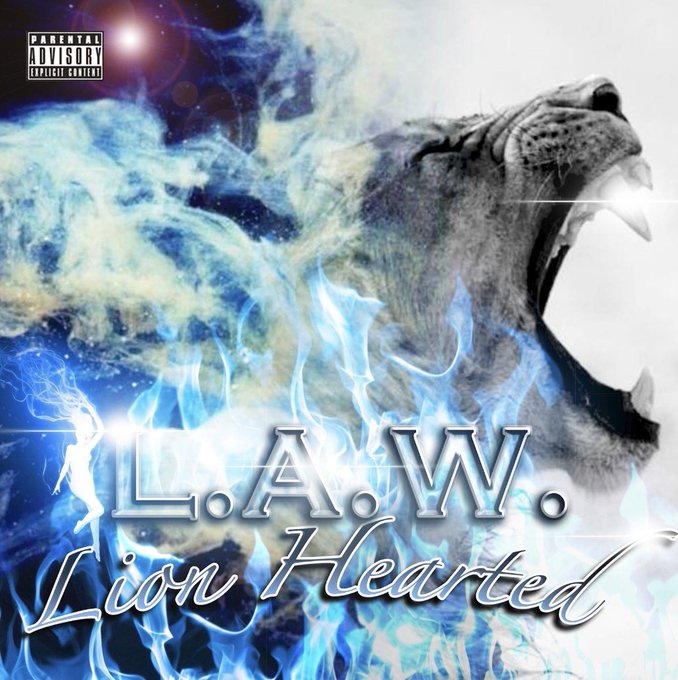 An album or single cover titled 'L.A.W. Lion Hearted' featuring a roaring lion and blue flames, with a 'Parental Advisory Explicit Content' label.
