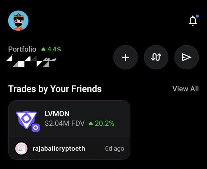 A dark-themed mobile app screen displays a portfolio up 4.4% alongside a "Trades by Your Friends" section showing a friend named "rajabalicryptoeth" trading LVMON with a $2.04M FDV up 20.2%, appearing unrelated to the OpenSea mobile codes referenced in the post.
