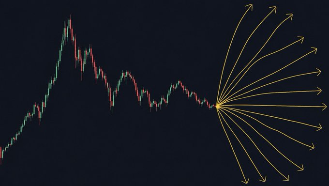 A dark financial chart showing a price decline that transitions into multiple yellow arrows radiating outward in various directions, symbolizing market uncertainty or potential future movements.