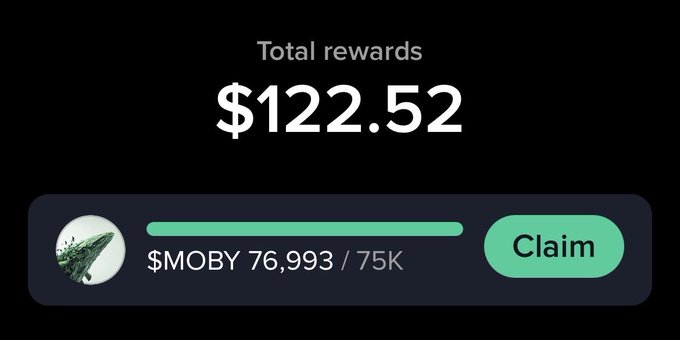 Rewards screen displaying $122.52 total rewards with a $MOBY token progress bar showing 76,993/75K and a green Claim button.