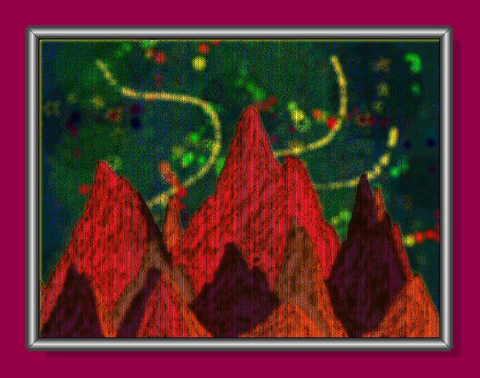 A stylized digital artwork framed in silver against a magenta background, depicting sharp red and purple mountain-like peaks under a green sky with glowing particles and curved lines.
