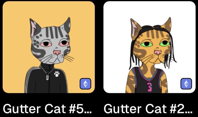 Two digital NFT collectibles labeled 'Gutter Cat #5...' and 'Gutter Cat #2...' featuring cartoon cat characters, one gray in a black tracksuit and one orange tabby in a basketball jersey.
