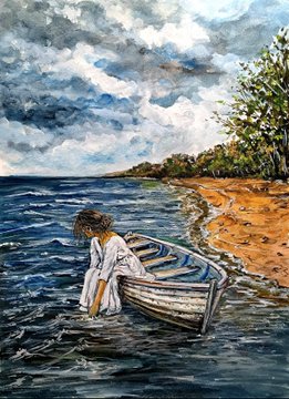 An impressionistic painting of a person in a white outfit leaning on a small blue boat at the edge of a sandy beach next to the ocean under a cloudy sky.