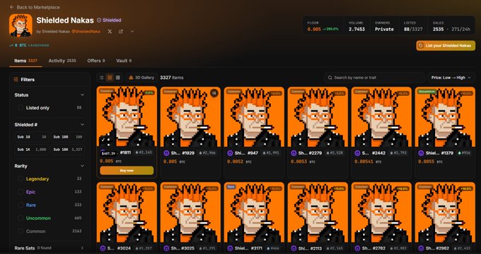 A screenshot of a Magic Eden NFT marketplace showing the "Shielded Nakas" collection by Shielded Nakas, displaying a floor price of 0.005 BTC (~106.29) with 3337 items and a volume of 2.7453 BTC, alongside a post expressing frustration about selling tokens too early before they quadrupled in value.