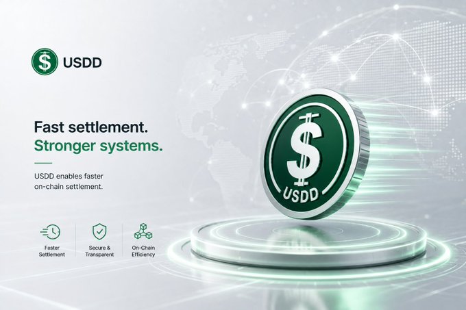 A sleek promotional graphic showcases a large green USDD coin hovering above a glowing platform against a world map backdrop, highlighting the tagline "Fast settlement. Stronger systems." alongside icons emphasizing faster settlement, secure and transparent transactions, and on-chain efficiency—visually reinforcing the post's message about USDD enabling rapid dollar-denominated settlement within blockchain infrastructure.