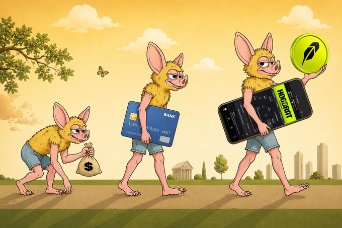 A meme image showing an evolutionary progression of armadillo-like creatures, transitioning from holding a money bag, to a bank credit card, to a smartphone displaying a trading chart with an arrow pointing to a green bullish icon.