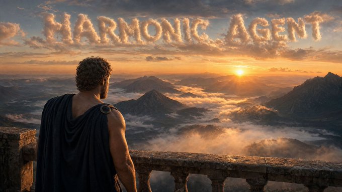 A robed figure stands on a stone balcony overlooking a vast mountainous landscape at sunrise, gazing toward the sun where the words "HARMONIC AGENT" appear spelled out in clouds across the sky—evoking the watchful oversight implied by the post's introduction of an agent registry.