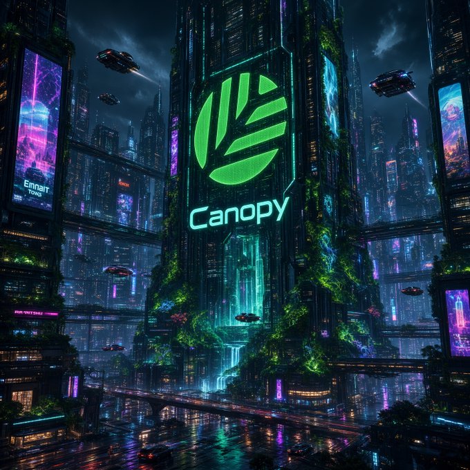 A futuristic cyberpunk cityscape at night with towering skyscrapers covered in greenery, featuring a glowing green leaf logo and the word 'Canopy' prominently displayed, with flying vehicles traversing between buildings.