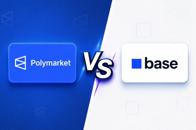 𝐀𝐨𝐚𝐥𝐦𝐧𝐢𝐨𝐣𝐥𝐦, a blue square with the word "base" written on it, is positioned above and to the right of a white square that displays the text "POLYMARKET".