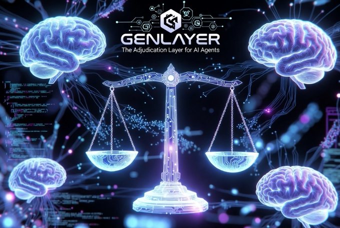 A futuristic digital graphic for 'GENLAYER' with the tagline 'The Adjudication Layer for AI Agents,' featuring glowing brains and a balance scale against a circuit-board background.