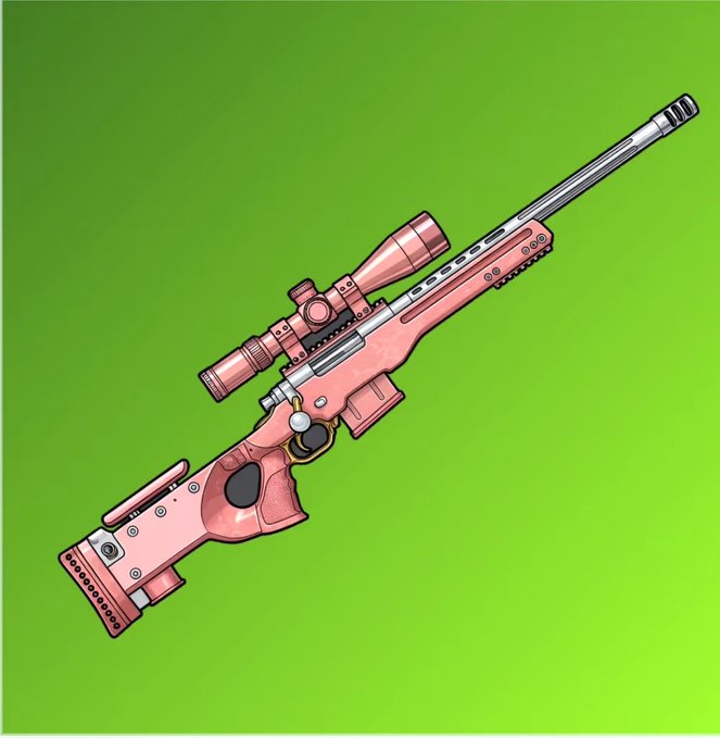 A pink and silver sniper rifle equipped with a large scope, displayed against a green chromakey background.
