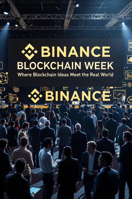 A packed conference hall with attendees networking beneath large screens displaying "BINANCE BLOCKCHAIN WEEK" and the Binance logo, capturing the scale of the gathering where industry builders and experts convene to discuss blockchain's real-world direction beyond daily price movements.
