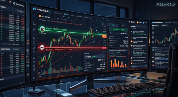 A dark-themed cryptocurrency trading dashboard on multiple monitors displaying a candlestick chart for BTC/USDC on Hyperliquid, showing entry price, liquidation price, and position details with red and green price action.