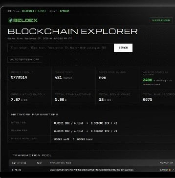 Screenshot of a BELDEX cryptocurrency blockchain explorer interface showing block height 5778514, network hashrate, difficulty, and transaction details with a 'LOADED' button visible.