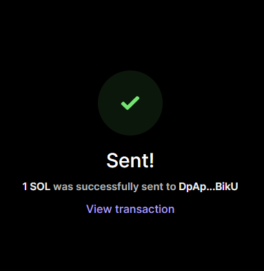 A success notification displays "Sent!" with a green checkmark, confirming that "1 SOL was successfully sent to DpAp...BikU," along with a "View transaction" link. This transaction receipt supports the post's call to "go buy some $ansem homie," as the user has just sent SOL, likely to purchase the $ansem token.
