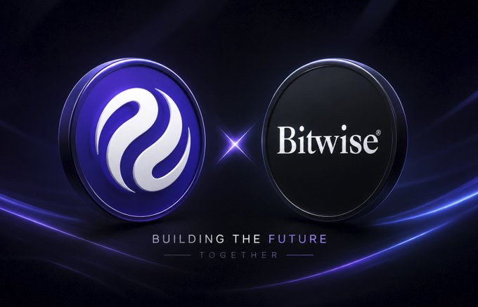A promotional graphic displays two circular logos side by side with a star between them; the left logo is blue with a white swirl design, the right is black with the text 'Bitwise', and below reads 'BUILDING THE FUTURE TOGETHER'.