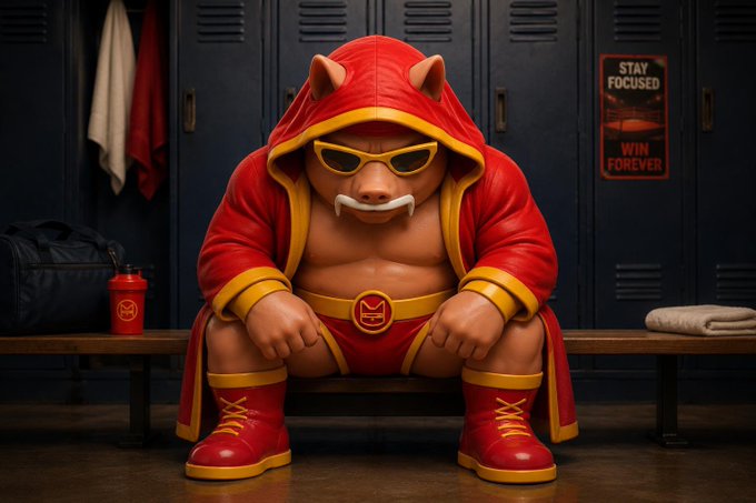 A 3D-rendered anthropomorphic bull character in a red wrestling hood and outfit with yellow boots sits on a locker room bench beneath a "STAY FOCUSED WIN FOREVER" sign.